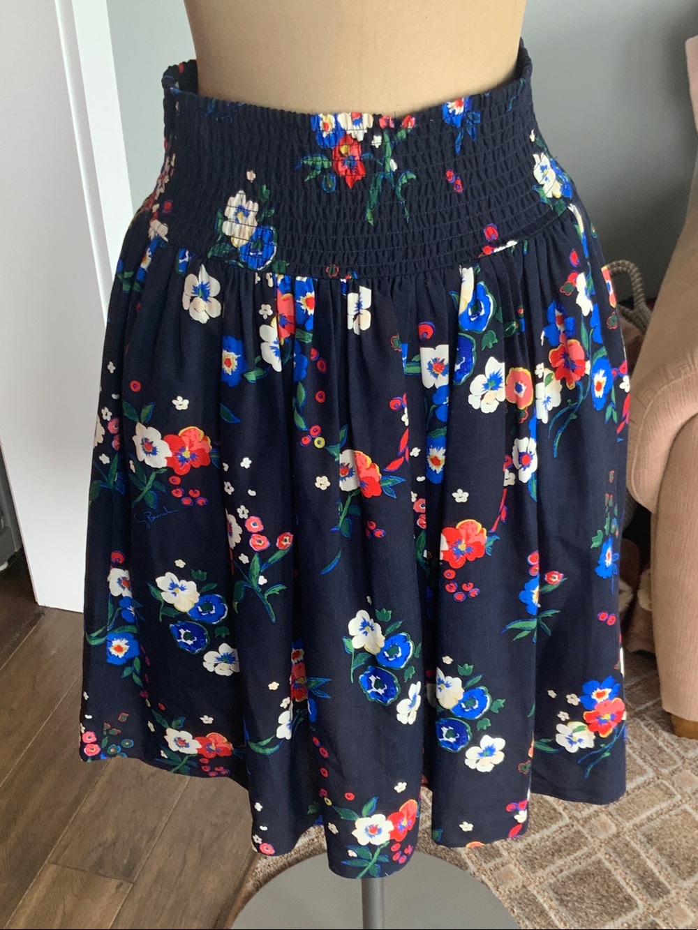 Tory Burch Navy Floral Smocked Waist Circle Skirt